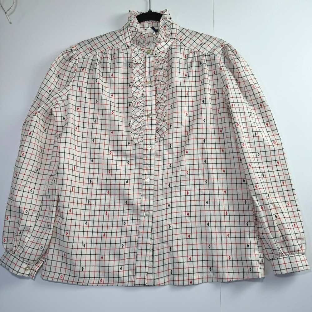 Vintage Pins and Needles Ruffle Neck Blouse Red Black Plaid Long Sleeve Size 14